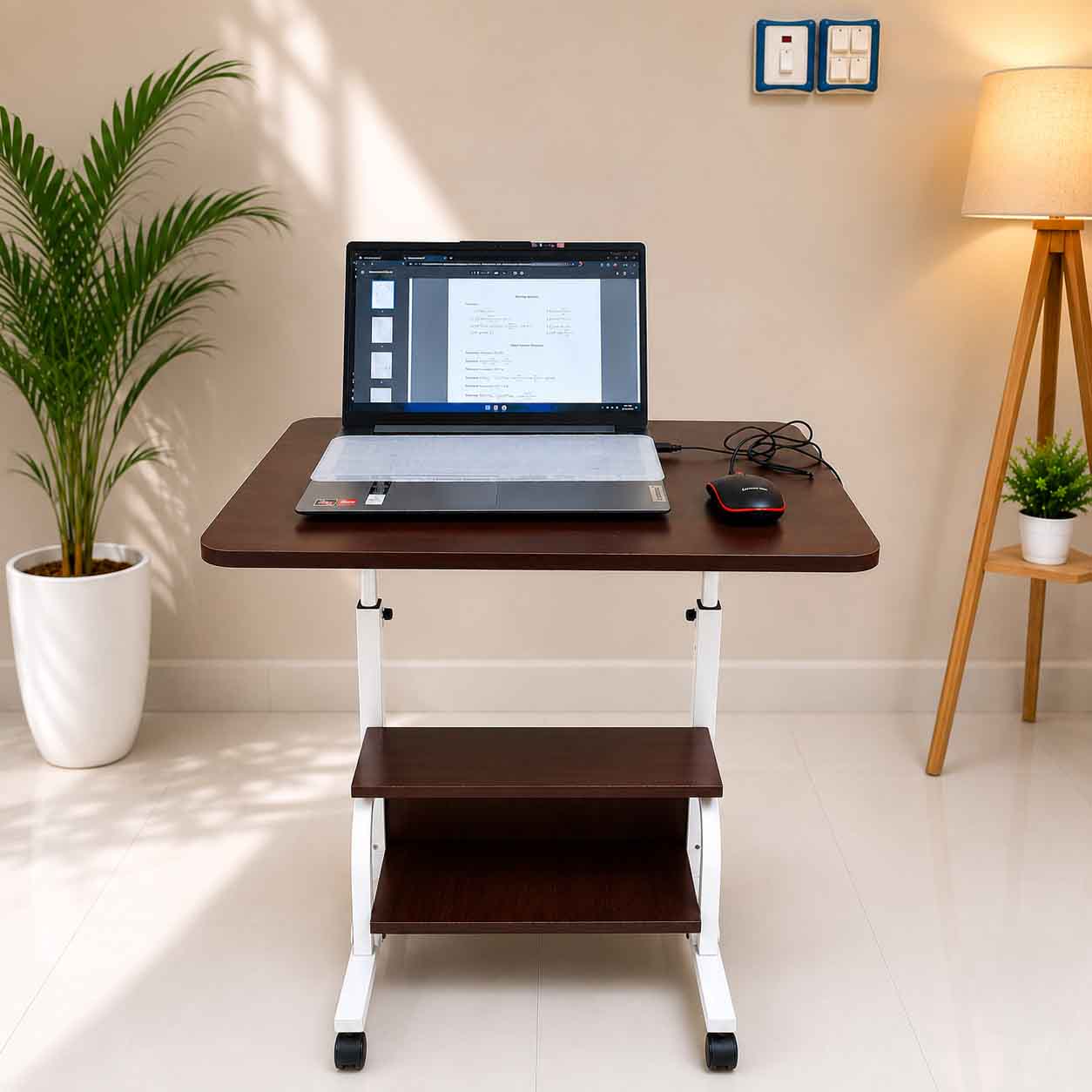 Double Layer Adjustable Table Brown With White Stand
